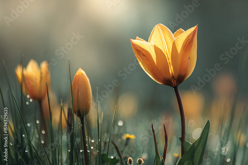 Realistic yellow tulip blooming in a wild meadow with natural sunlight