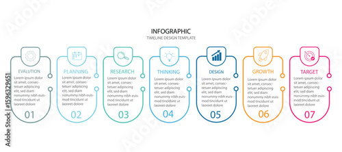 Timeline infographic template process success, business infographic, timeline, growth, strategy, editable chart, whit 7 steps process.