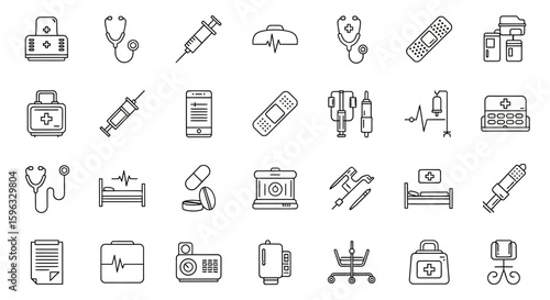 Collection of minimalist medical icons depicting healthcare equipment and symbols.