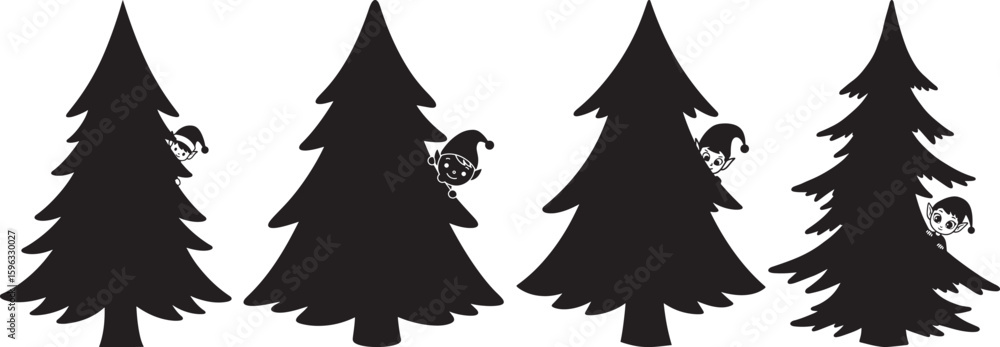 Fototapeta premium Four pine tree silhouettes with hidden squirrels silhouette