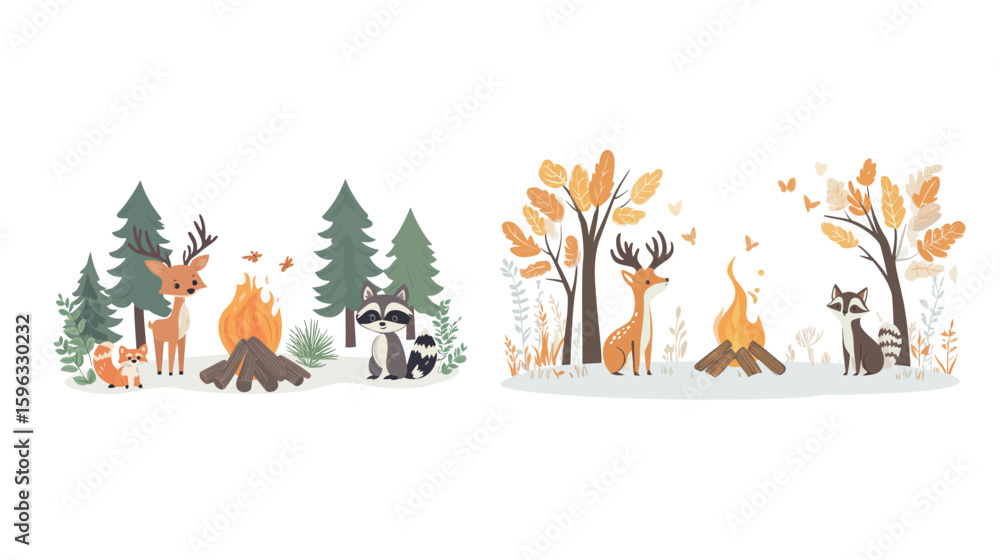 Fototapeta premium Cozy campfire scene surrounded by forest animals including deer, fox, and raccoon, set in a natural woodland environment with warm glowing flames, nighttime atmosphere, and outdoor adventure vibes 