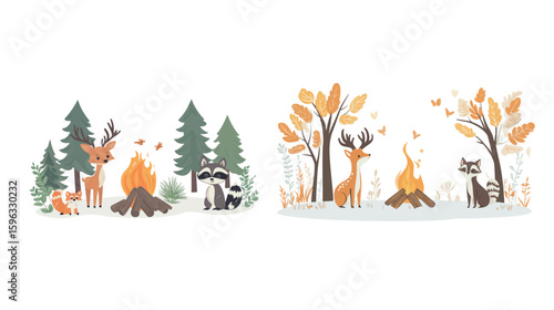 Cozy campfire scene surrounded by forest animals including deer, fox, and raccoon, set in a natural woodland environment with warm glowing flames, nighttime atmosphere, and outdoor adventure vibes 
