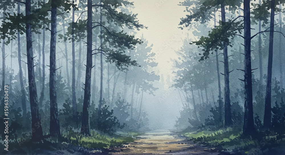 Fototapeta premium Watercolor forest path with fog and pine trees in early morning atmosphere
