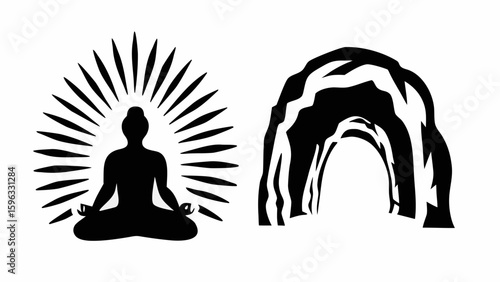 Silhouette of meditating person with radiating lines and a cave entrance in black and white illustration