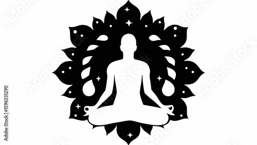 Silhouette of a person meditating in lotus position against a floral mandala with star accents design