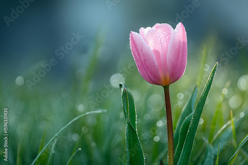 Tall pink tulip with realistic petals rising from vibrant green grass