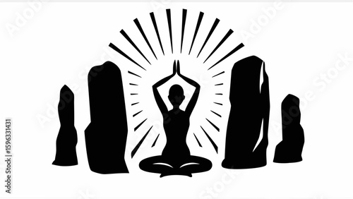 Silhouette of a person meditating in lotus position surrounded by standing stones and radiating light