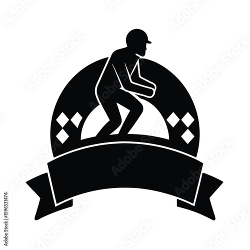 Monochrome Silhouette of a Jockey on Horseback with Banner and Diamond Accents for Equestrian Sports