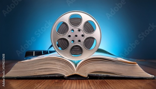 an open book with a film reel on top symbolizing the connection between literature and film adaptation