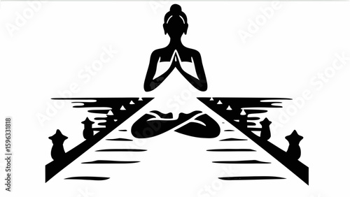 Silhouette of a person meditating in lotus position with cats on a walkway in black and white vector art