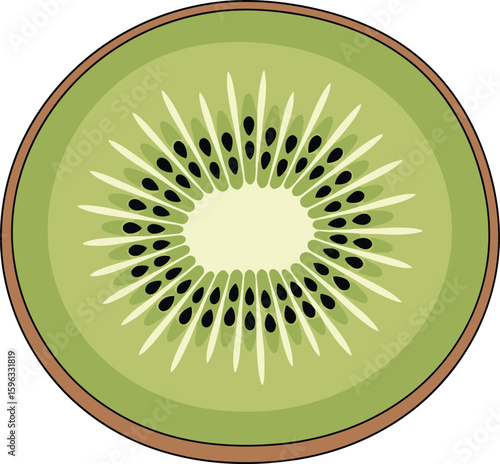 A perfectly halved kiwi fruit, showcasing its vibrant green flesh, tiny black seeds, and central core.
