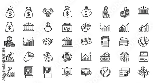 A collection of outlined icons representing various financial concepts, including money bags, coins, graphs, buildings, piggy banks, and credit cards.