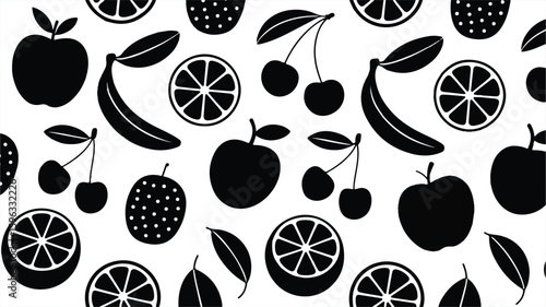 A black and white pattern design featuring various fruits arranged in a scattered, overlapping composition against a white background. d