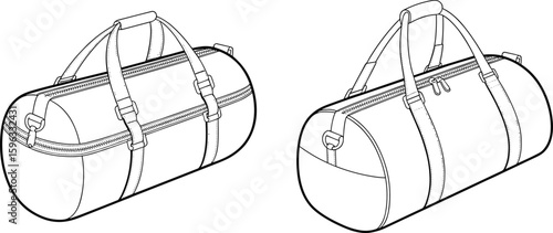 Duffle bag technical sketch, front and back view, detailed vector template, flat design illustration, travel gym bag fashion drawing