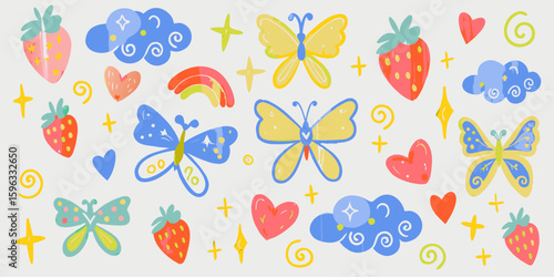 Crayon-drawn kid doodle collection.  Adorable girly doodle collection. Naive vector illustrations. Crayon-drawn kid drawings. 