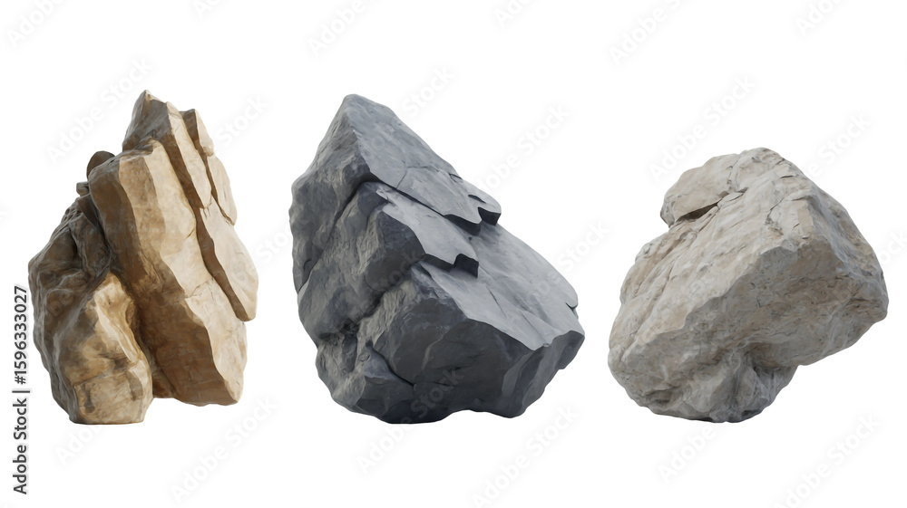 Obraz premium Set of 3 rock formations, beige, gray, and brown, isolated on white background
