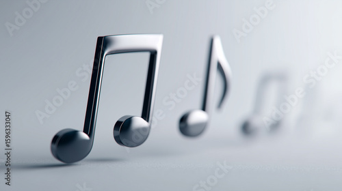 Modern 3D metallic music notes on a soft gradient background. 