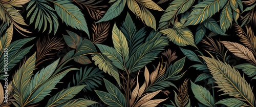 Muster mit grünen und goldenen Blättern auf schwarzem Hintergrund – elegantes, botanisches Design für Stoffe, Tapeten oder Drucke. Generative KI