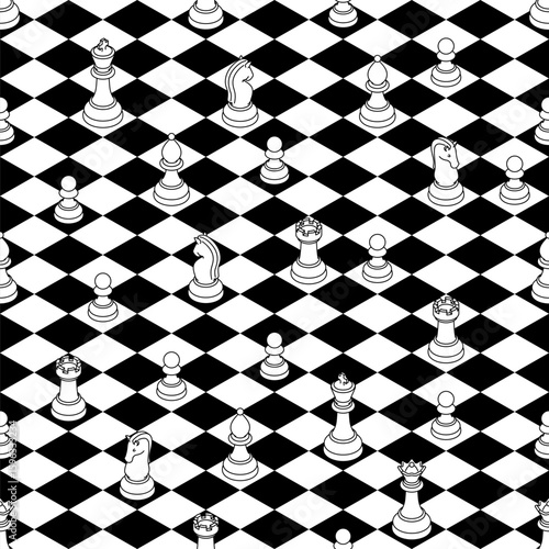 Seamless vector isometric black and white chessboard pattern with outline chess pieces. Pieces and the chessboard have their own fill, so it's possible to change the colors
