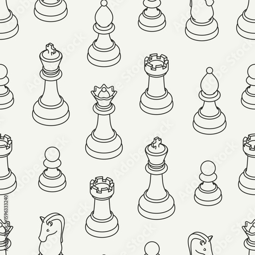 Seamless vector isometric pattern of outline chess pieces including king, queen, knight, and pawn designs