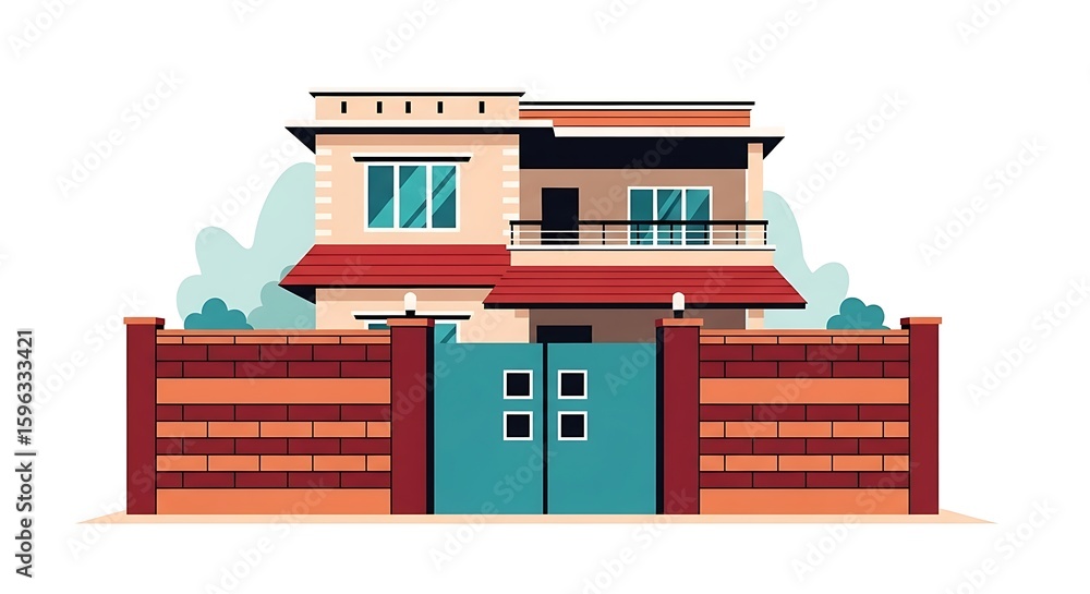 Fototapeta premium Illustration of house architecture building exterior facade gate fence residential home