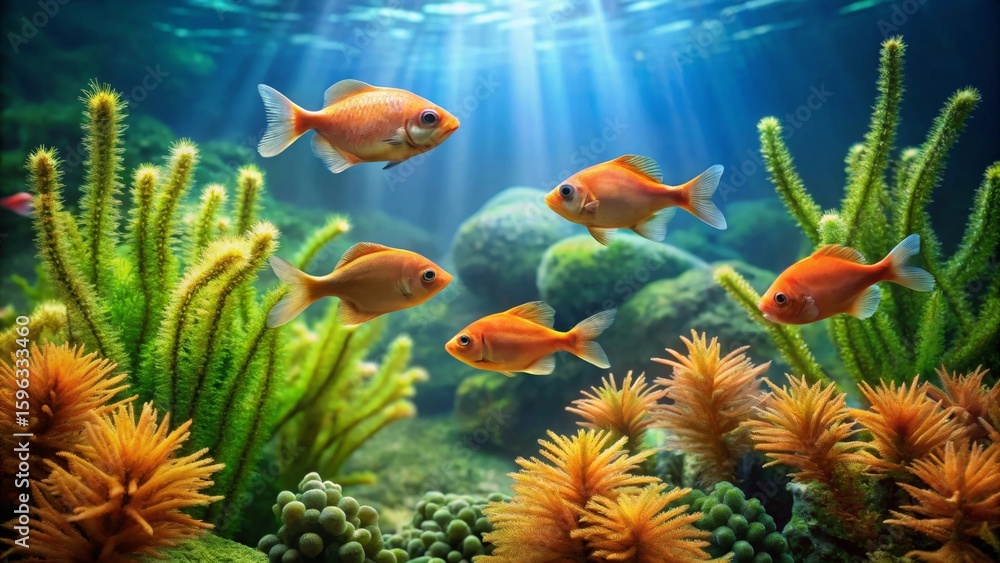 Obraz premium Vibrant Underwater Scene Featuring Four Orange Fish Swimming Amidst Lush Aquatic Plants and Rocks