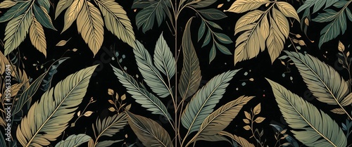 Muster mit grünen und goldenen Blättern auf schwarzem Hintergrund – elegantes, botanisches Design für Stoffe, Tapeten oder Drucke. Generative KI