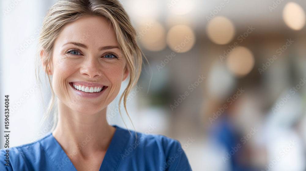 Fototapeta premium Portrait of smiling woman in medical scrubs
