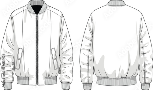 Men’s bomber jacket flat sketch, front and back view, technical cad drawing, detailed outline, vector fashion design illustration