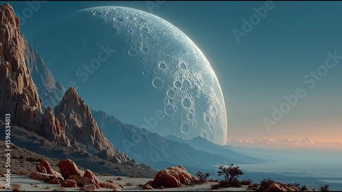 A mesmerizing view of a surreal landscape with the moon in the sky
