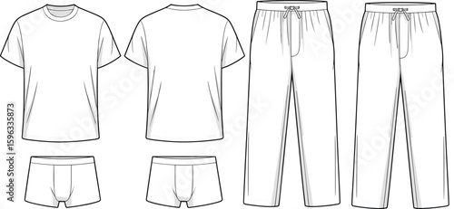 Men’s t-shirt briefs and lounge pants technical flat sketch front and back view, cad drawing vector for fashion design mockup