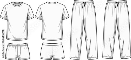 T-shirt, shorts, and pajama pants front and back view cad drawing, flat vector clothing template for fashion design illustration