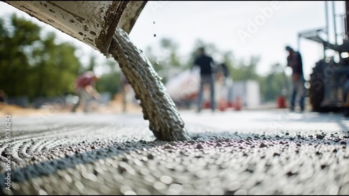 Fresh concrete pouring from a concrete mixer. Several figures are working on the construction site