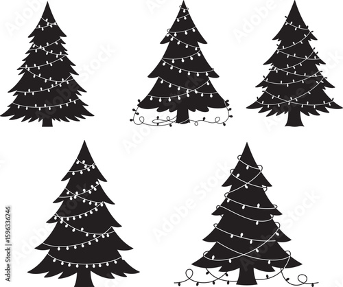 Collection of five decorated christmas trees silhouette
