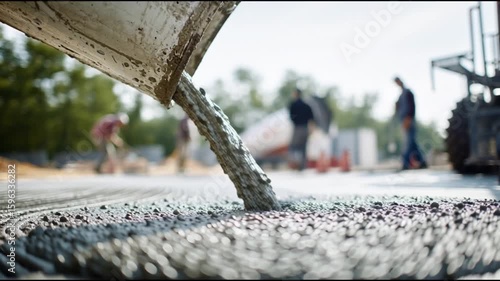 Pouring fresh concrete on a construction site. A close-up view showing the process of pouring fresh concrete onto a surface, showcasing the details and texture.
