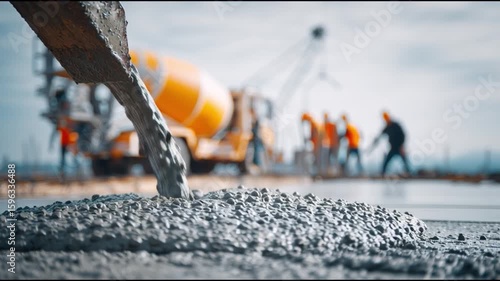 Concrete being poured on construction site, with workers in background