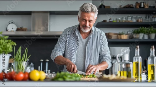 An older person happily preparing vegetables in a kitchen