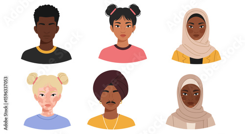 Diverse Cultural Faces and Skin Conditions Illustration Set
