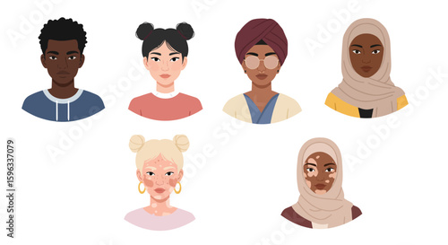 Multi-Ethnic Characters with Unique Facial Features Flat Design