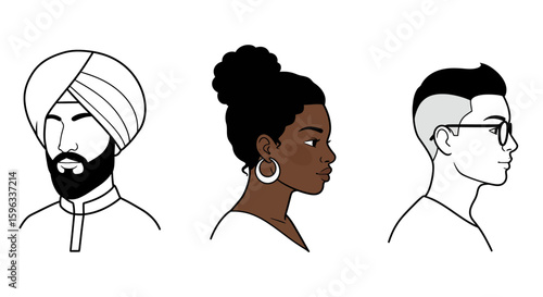 Multi-Ethnic Head Outlines with Unique Features Illustrations