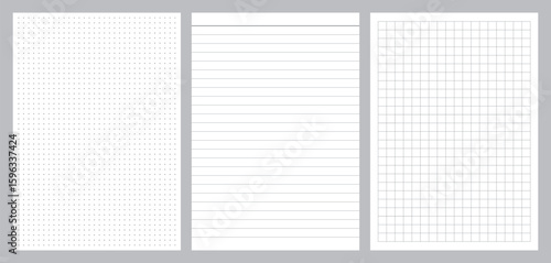 three types of notebook paper layout showing dotted, ruled, and grid patterns for design or note-taking	