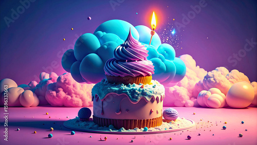 Colorful layered cake with a lit candle and abstract cloud decorations for a fun celebration