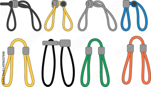 Colorful toggle elastic loop cord stoppers with fastener designs, cad drawing vector illustration for fashion accessories, garment trims, sewing parts