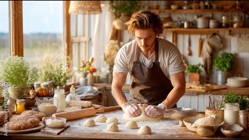 A man skillfully kneading dough in a cozy kitchen filled with the warmth of a home