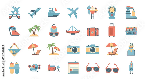 Colorful travel icons depict various modes of transportation, destinations, and vacation essentials.