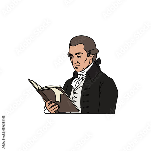 Vintage Historical Vector Illustration of Man Reading Book in Classic Formal Attire in Elegant Style with Neutral Colors for Educational or Cultural Design