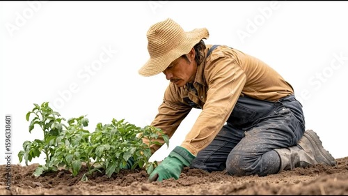 A hardworking farmer carefully tending to a green plant in his field