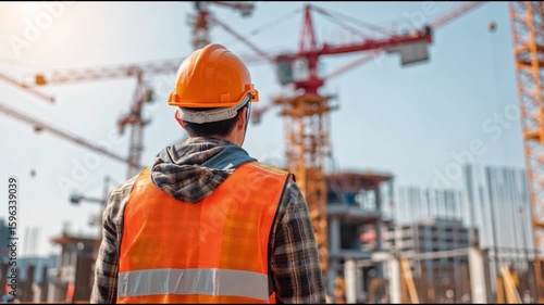 An engineer on a construction site, wearing a safety vest and helmet, observes progress with cranes and the structure in the background.