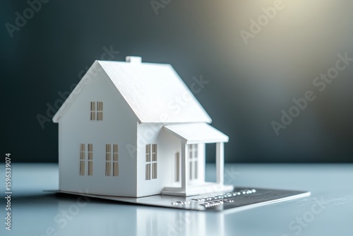 Wallpaper Mural A tiny high-end penthouse model displayed on a platinum credit card, symbolizing mortgage financing with copy space. Cool sleek lighting. Modern banking background.  Torontodigital.ca