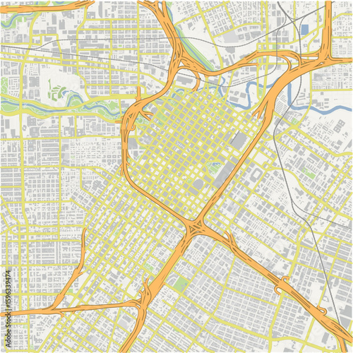 Map of Houston Center in Texas in a normal road map style. Contains layered vector with roads water, parks, etc.